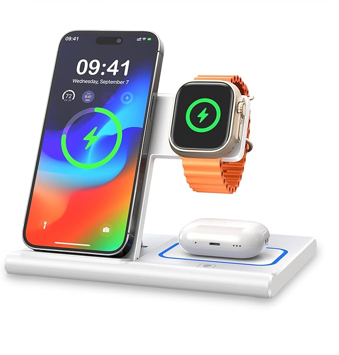 EXW Induktive Ladestation,Wireless Charger für Apple Watch Ladestation,Apple Ladestation Kompatibel mit iPhone 15 14 13 12 11 Pro & Max Serie, AirPods Pro/3/2, Apple Watch-Weiß(Kein Ladestecker)