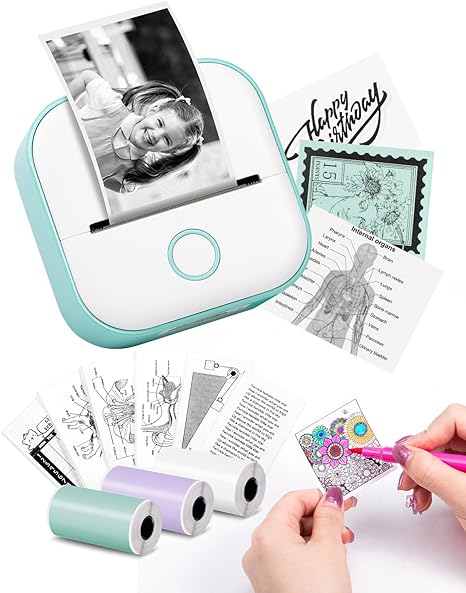 Memoking Mini Drucker - T02 Bluetooth Inkless Photo Printer, Kleiner Thermischer Taschenaufkleber-Drucker, Tragbarer Handy-Bilddrucker, für Kindergeburtstag, Kinder, Weiß