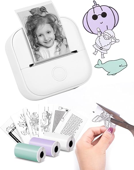 Memoking Mini Drucker - T02 Bluetooth Inkless Photo Printer, Kleiner Thermischer Taschenaufkleber-Drucker, Tragbarer Handy-Bilddrucker, für Kindergeburtstag, Kinder, Weiß