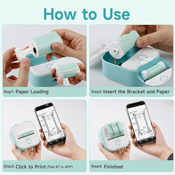 Memoking Mini Drucker - T02 Bluetooth Inkless Photo Printer, Kleiner Thermischer Taschenaufkleber-Drucker, Tragbarer Handy-Bilddrucker, für Kindergeburtstag, Kinder, Weiß