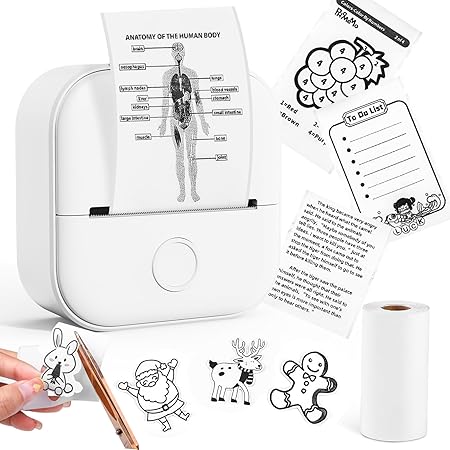 Memoking Mini Drucker - T02 Bluetooth Inkless Photo Printer, Kleiner Thermischer Taschenaufkleber-Drucker, Tragbarer Handy-Bilddrucker, für Kindergeburtstag, Kinder, Weiß