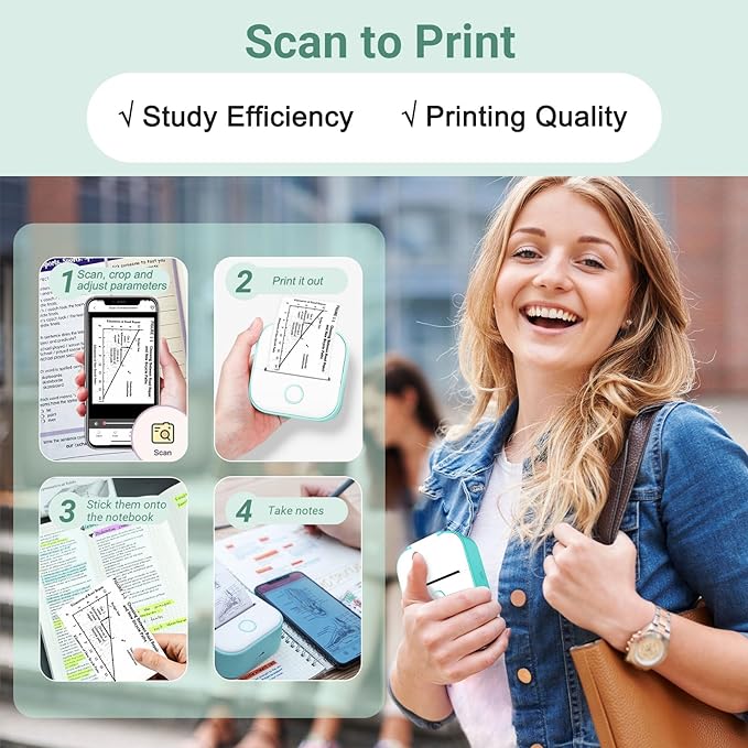 Memoking Mini Drucker - T02 Bluetooth Inkless Photo Printer, Kleiner Thermischer Taschenaufkleber-Drucker, Tragbarer Handy-Bilddrucker, für Kindergeburtstag, Kinder, Weiß
