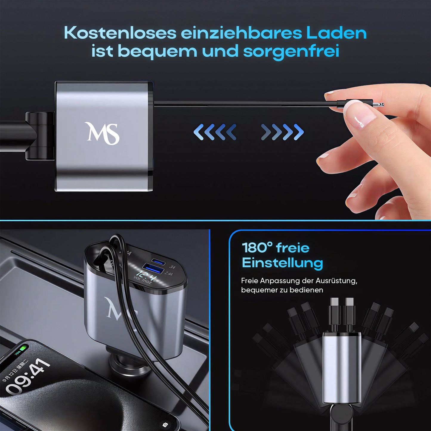 Marketstylez 4in1 Auto USB C Ladegerät Zigarettenanzünder Adapter Car Charger Kabel 120W