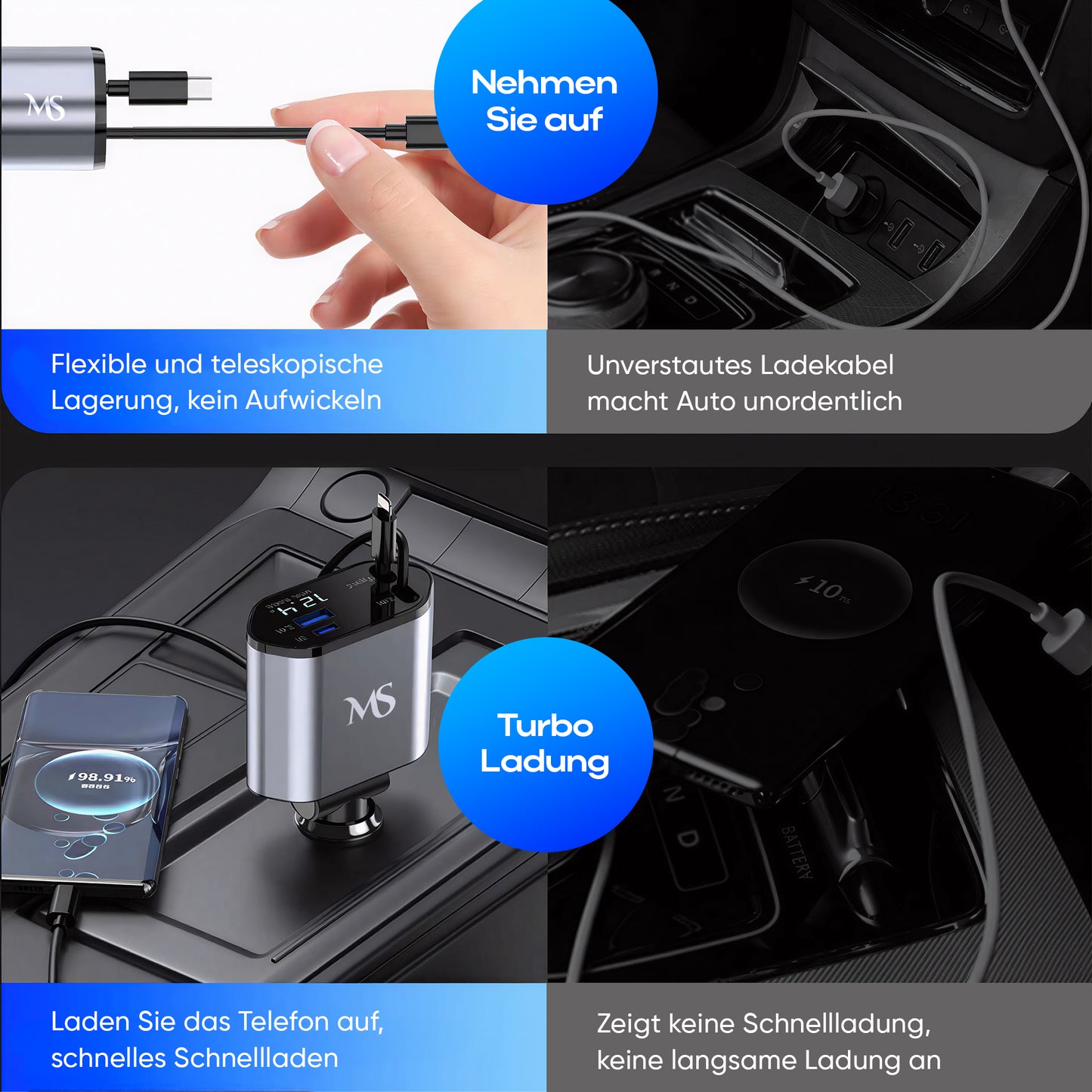 Marketstylez 4in1 Auto USB C Ladegerät Zigarettenanzünder Adapter Car Charger Kabel 120W