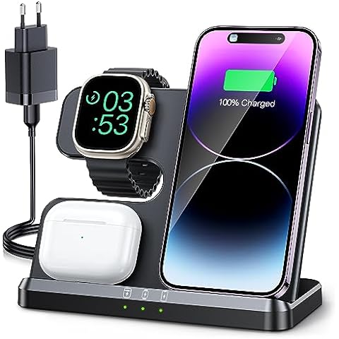 EXW Induktive Ladestation,Wireless Charger für Apple Watch Ladestation,Apple Ladestation Kompatibel mit iPhone 15 14 13 12 11 Pro & Max Serie, AirPods Pro/3/2, Apple Watch-Weiß(Kein Ladestecker)