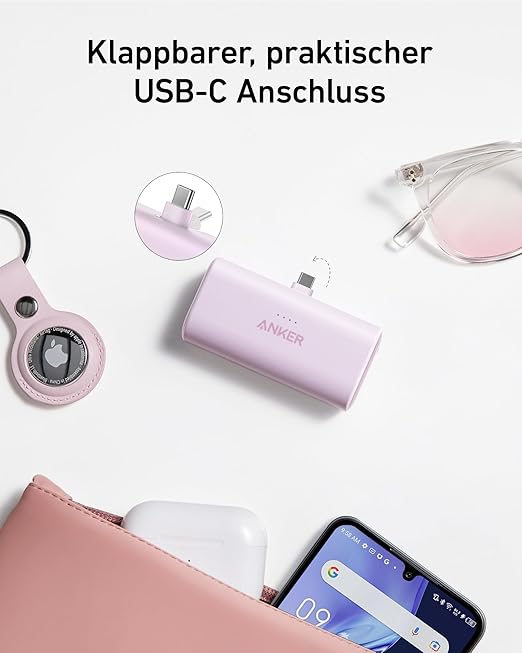 Anker Nano Powerbank, 5000mAh Powerbank 22,5W, Integrierter Faltbarer USB-C Konnektor, Kompatibel mit iPhone 15, Samsung S22/23 Serie, Note20/10 Serie, Huawei, iPad Pro/Air, AirPods und mehr(Schwarz)