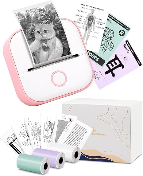 Memoking Mini Drucker - T02 Bluetooth Inkless Photo Printer, Kleiner Thermischer Taschenaufkleber-Drucker, Tragbarer Handy-Bilddrucker, für Kindergeburtstag, Kinder, Weiß