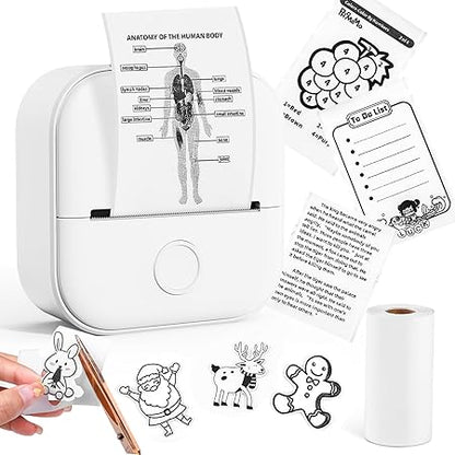 Memoking Mini Drucker - T02 Bluetooth Inkless Photo Printer, Kleiner Thermischer Taschenaufkleber-Drucker, Tragbarer Handy-Bilddrucker, für Kindergeburtstag, Kinder, Weiß
