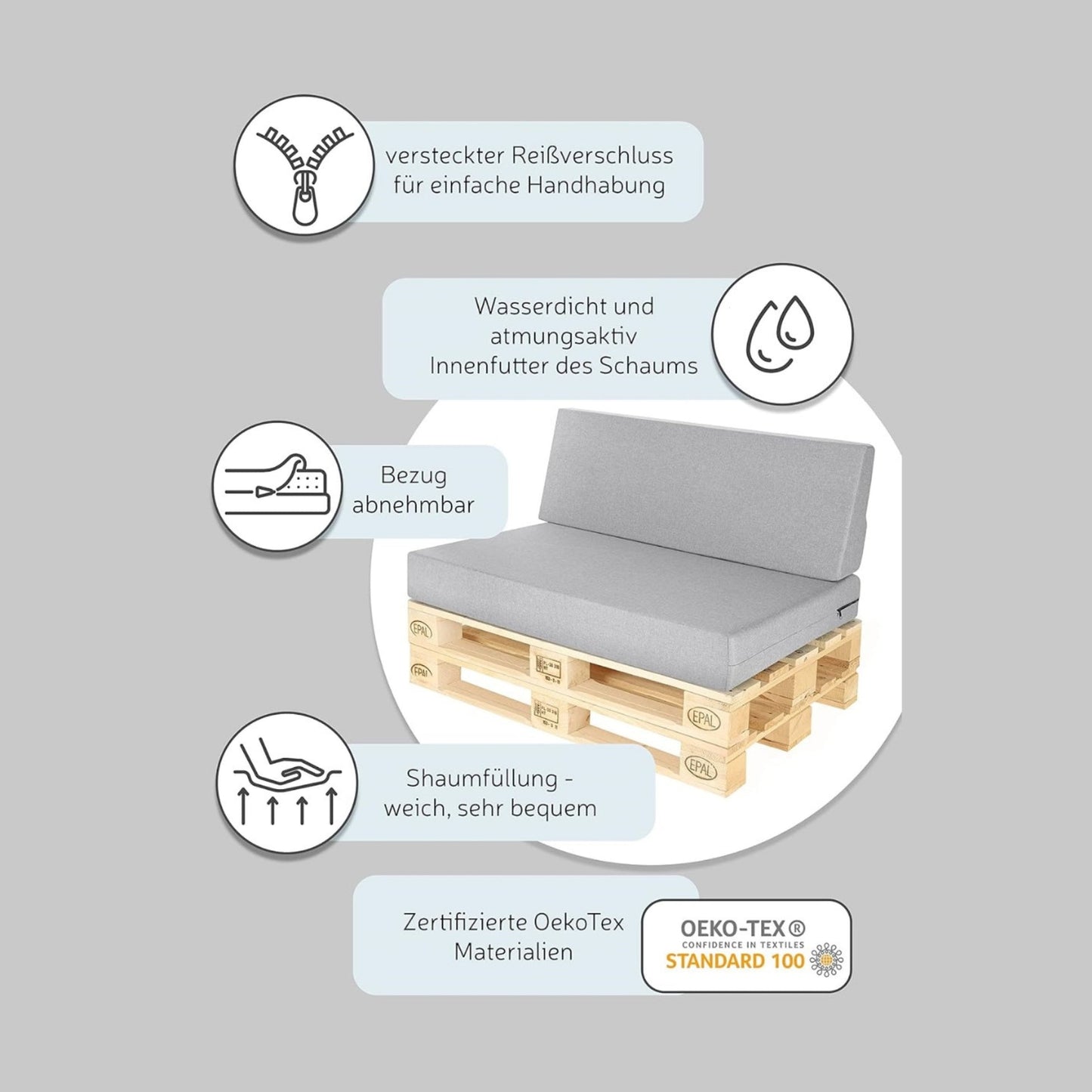 High-quality pallet cushion set - anthracite, for indoor &amp; outdoor sofa, comfortable, dirt and water repellent, made from flat foam, available in sets of 2 and 8